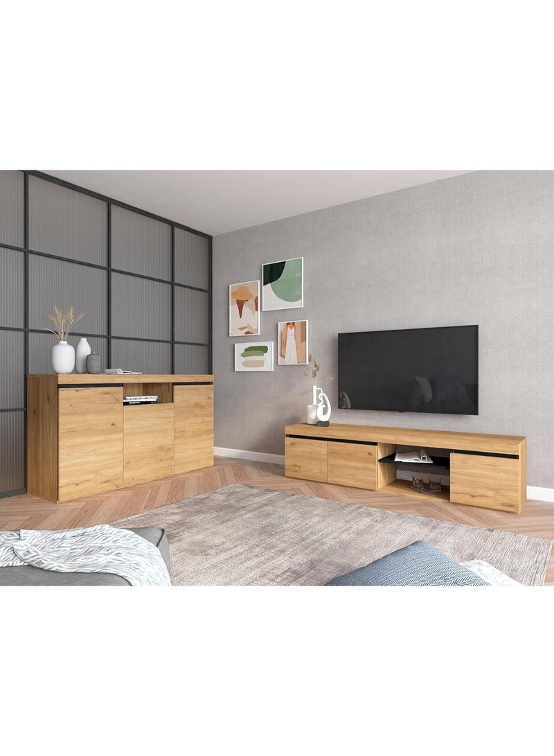 Skraut Home | TV Stand Natural Model | Oak Color/Black | Living Room | TV Stand with Shelves and Storage Cabinets | 160 x 40 x 39.6cm (Naturale 160) - Image 5